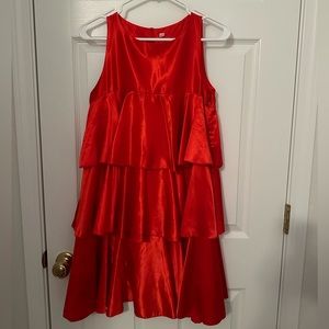 Red satin material three tier sleeveless party dress